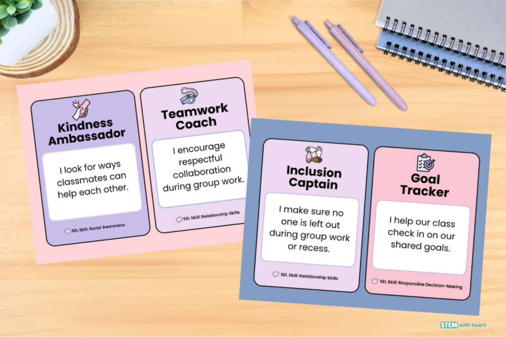 Colorful classroom jobs cards for upper elementary featuring meaningful student leadership roles that build social emotional learning skills through daily classroom responsibilities.