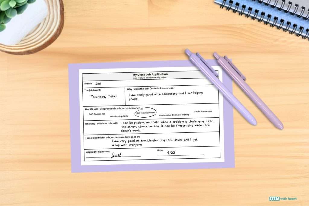 Student classroom jobs application for an elementary classroom where students apply for a classroom job while reflecting on the social emotional learning skill they will practice.