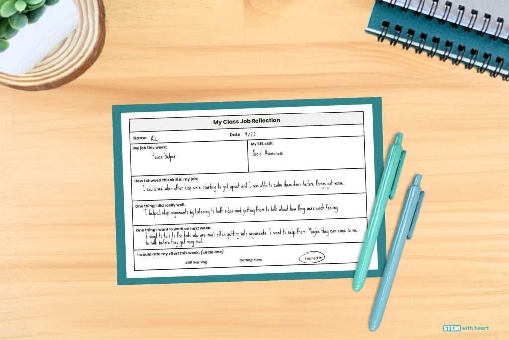 Upper elementary classroom jobs reflection sheet that helps students evaluate how they used social emotional learning skills while completing their classroom job responsibilities.