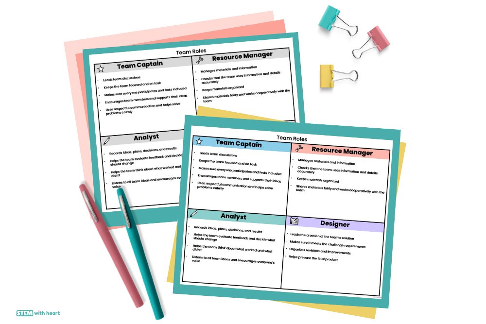 Printable STEM team role cards for Team Captain, Resource Manager, Analyst, and Designer to support teamwork during STEM activities.