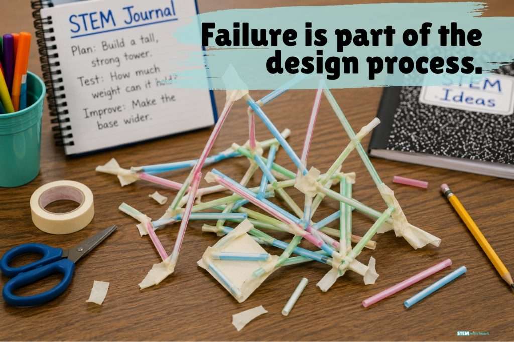 Collapsed straw tower on a classroom table with STEM journals and building supplies, showing failure as part of the engineering design process.