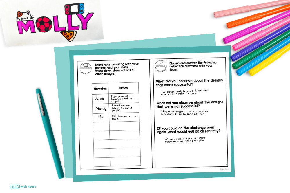 Student STEM challenge reflection page for discussing successful designs, evaluating teamwork, and identifying ways to improve.