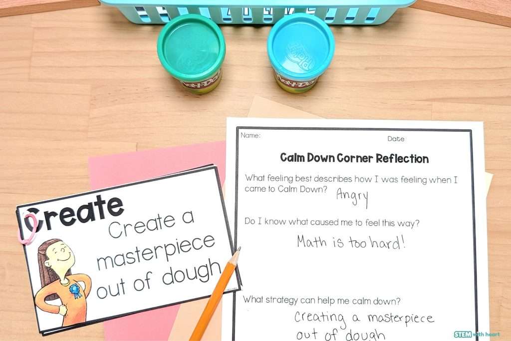 Calm down corner reflection sheet with a Play-Doh calming strategy to help students identify feelings and choose coping tools.