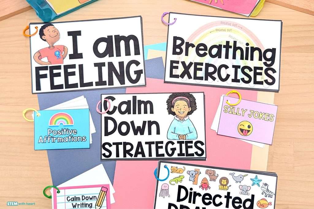 Calm down corner strategies including breathing exercises, positive affirmations, directed drawing, writing prompts, and silly jokes.