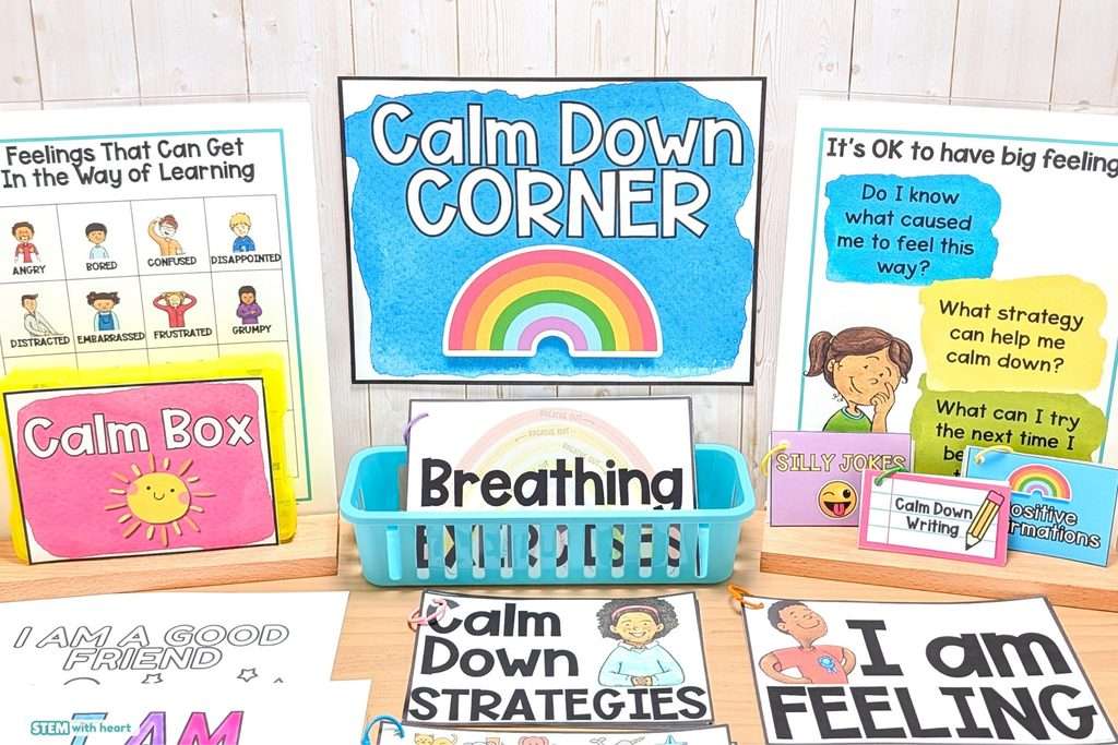 Classroom calm down corner with feelings posters, breathing exercises, calming strategies, reflection tools, and student activities.