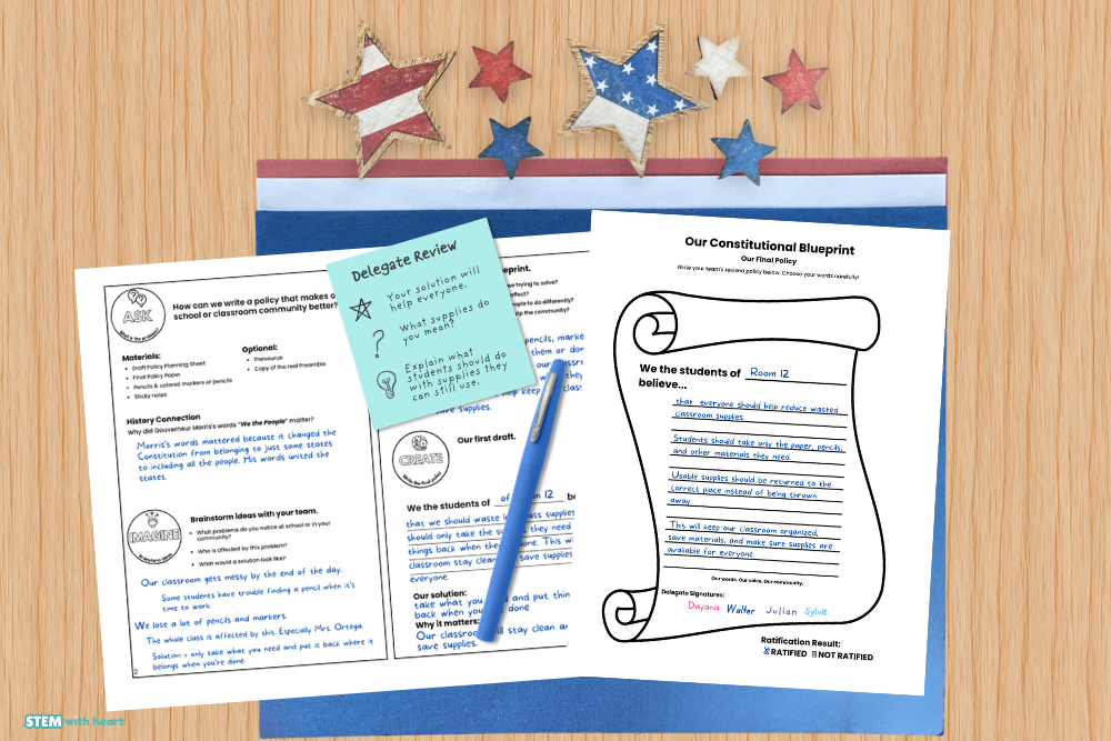 Constitution Day STEM activity worksheets showing the policy design challenge, peer feedback, and final classroom policy