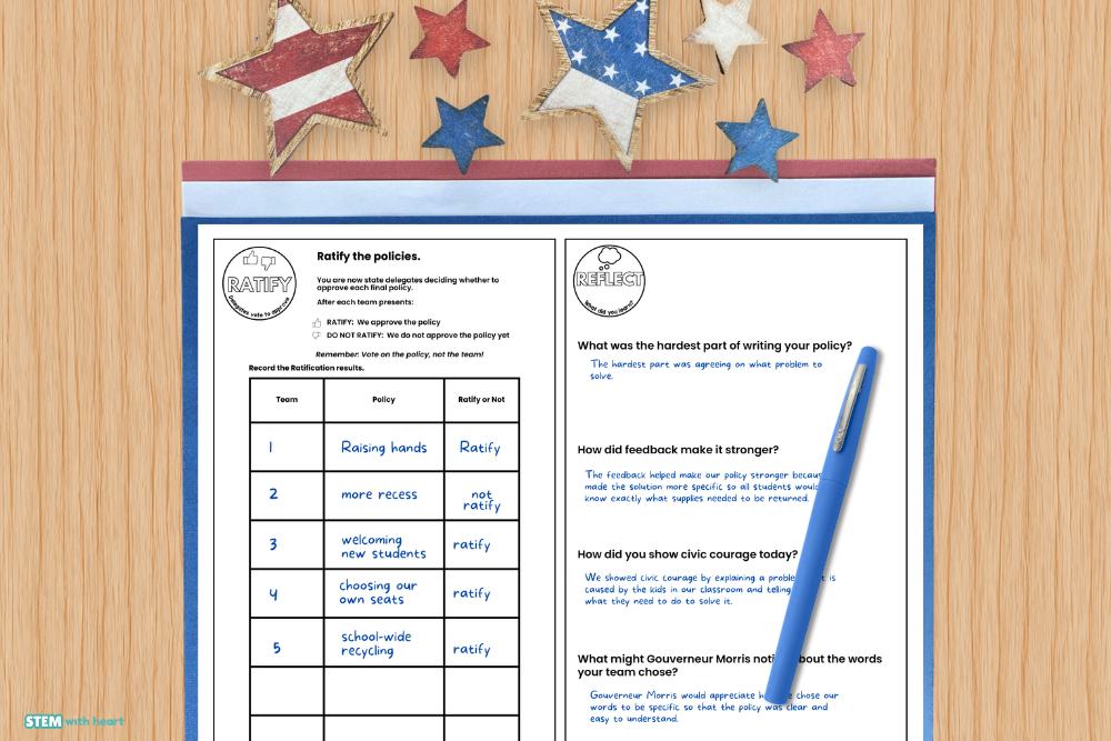 Constitution Day STEM activity pages where students ratify classroom policies and reflect on the design process