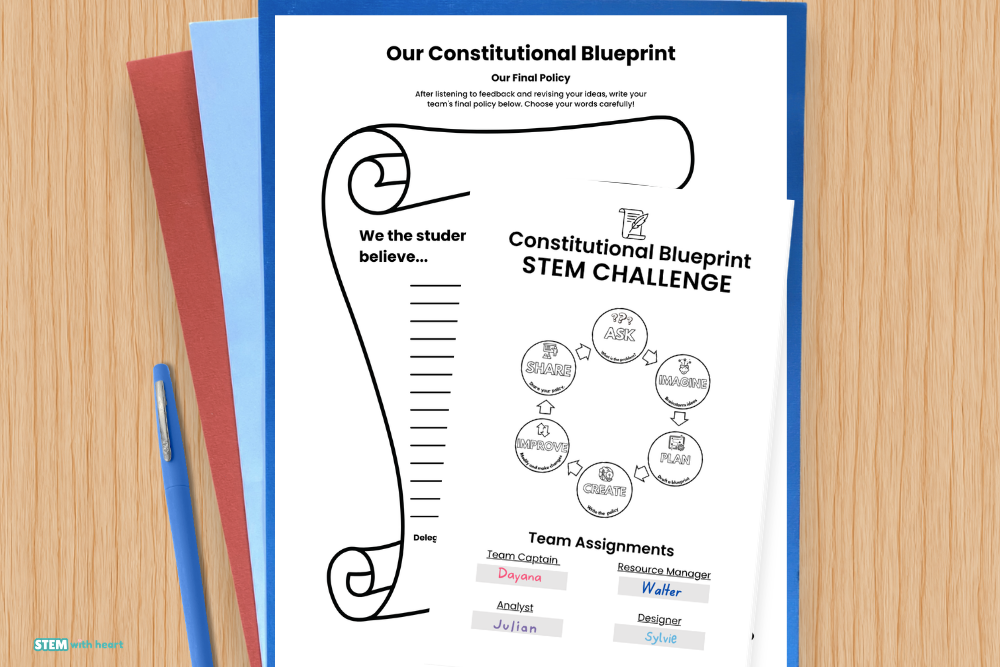 Constitution Day STEM activity student pages featuring the Engineering Design Process, team roles, and final classroom policy