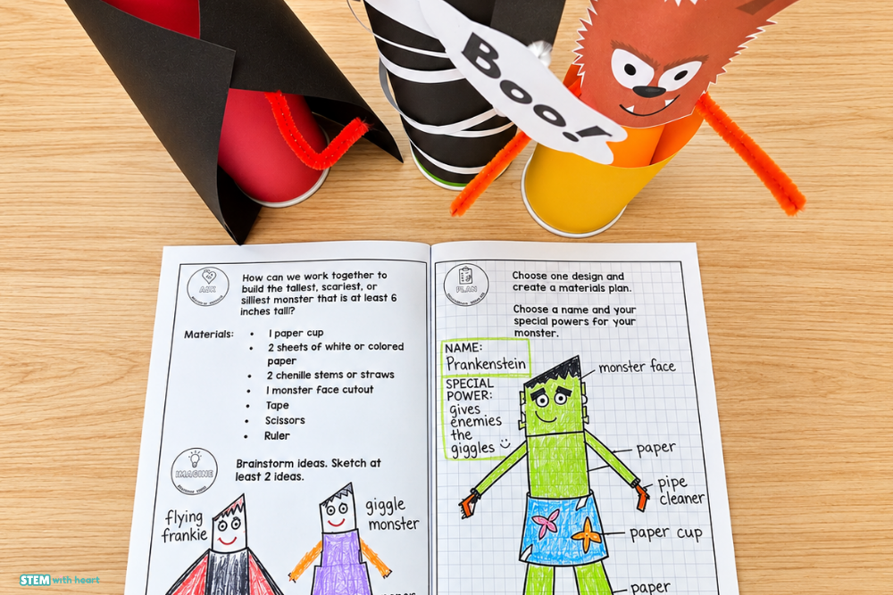 pen Halloween Monster STEM Challenge journal showing student sketches, a labeled Frankenstein monster design, and engineering materials planning.