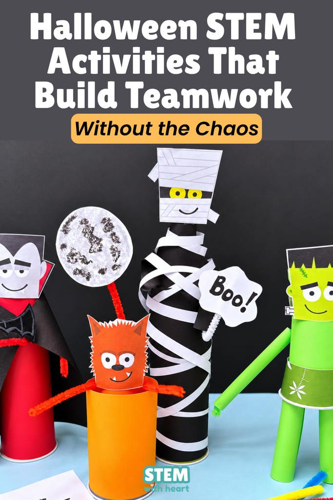 Pinterest graphic featuring colorful Halloween monster STEM projects and the title “Halloween STEM Activities That Build Teamwork Without the Chaos.”